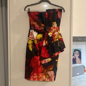 Stunning dress, rose print, folded large bow on the front & elastic back